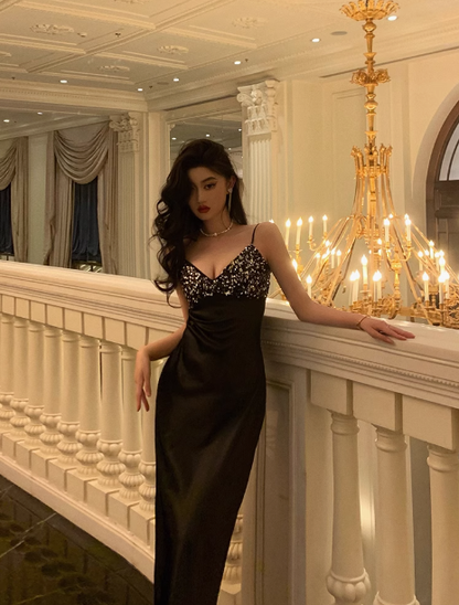 Vestido negro sexy de sirena con tirantes finos para cumpleaños número 18, ideas para vestidos de cumpleaños para mujeres (DP2323)