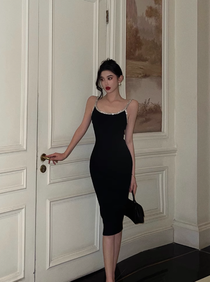 Vestido negro sexy de sirena con tirantes finos para cumpleaños número 18, ideas para vestidos de cumpleaños para mujeres (DP2324)