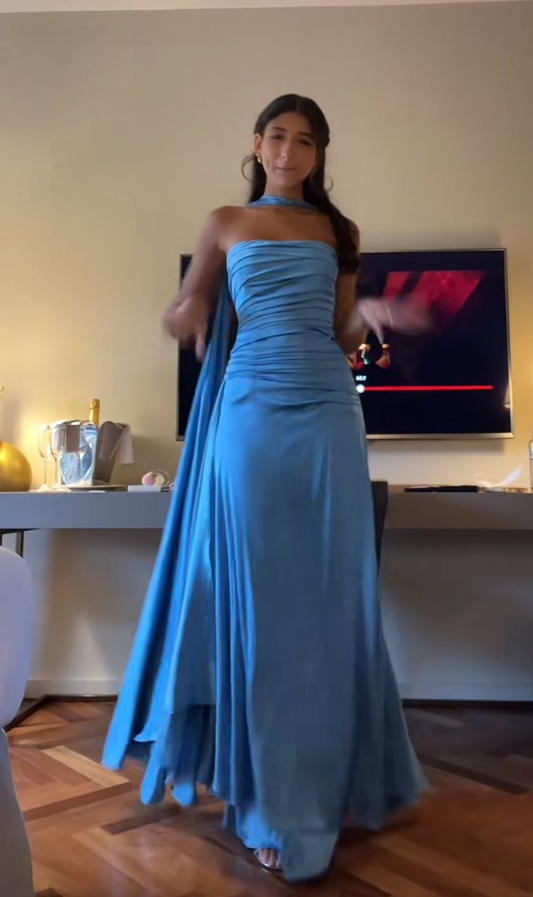Vestido de fiesta azul sin tirantes, largo, para noche