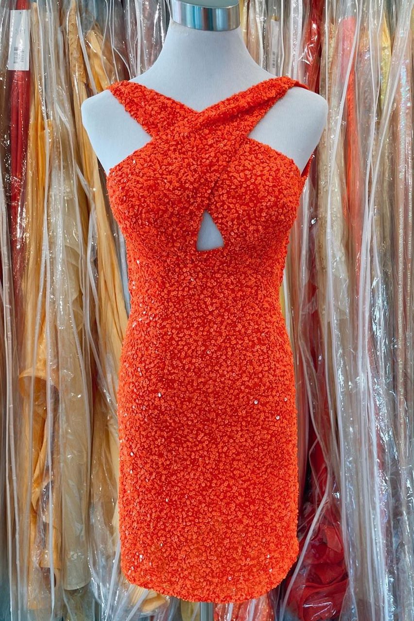 Minivestido de fiesta ajustado con lentejuelas naranjas cruzadas al frente
