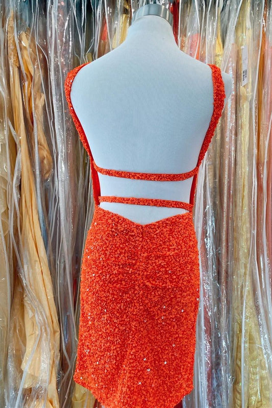Minivestido de fiesta ajustado con lentejuelas naranjas cruzadas al frente
