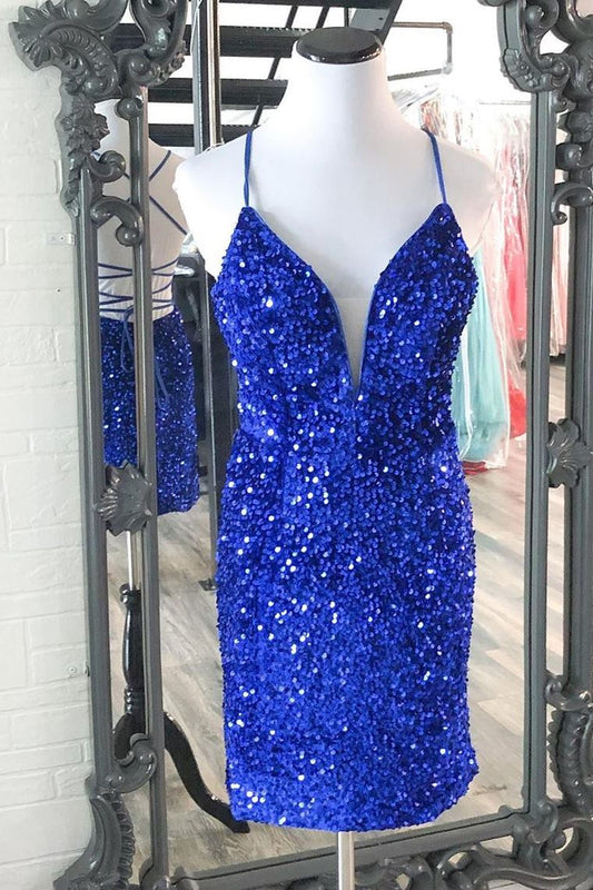 Minivestidos de cóctel ajustados con lentejuelas azul real brillante