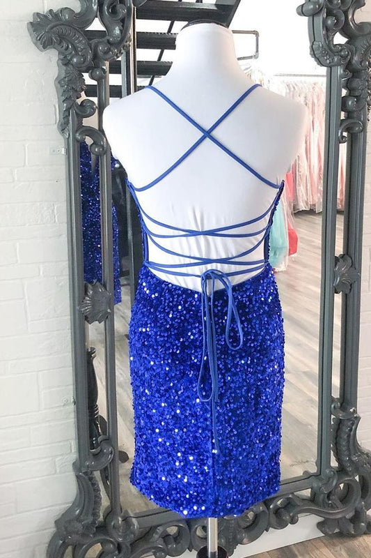 Minivestidos de cóctel ajustados con lentejuelas azul real brillante