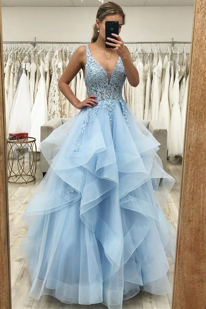 Blue Lace A-line Ruffles Tulle Long Prom Dress, Princess Sweet 16 Dress GP253
