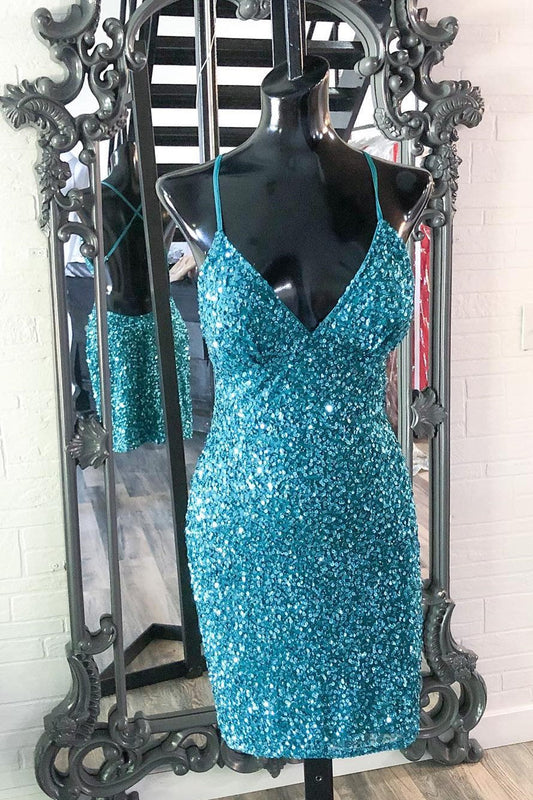 Vestido de fiesta mini ajustado con tirantes y lentejuelas turquesas