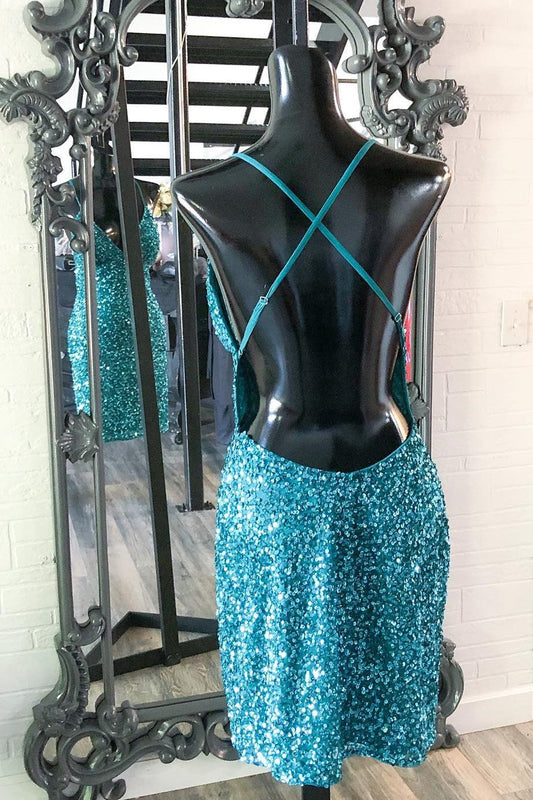 Vestido de fiesta mini ajustado con tirantes y lentejuelas turquesas