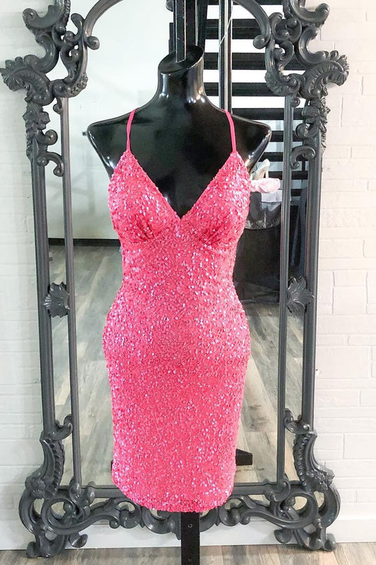 Vestido de fiesta mini estilo boydcon con lentejuelas rosa intenso