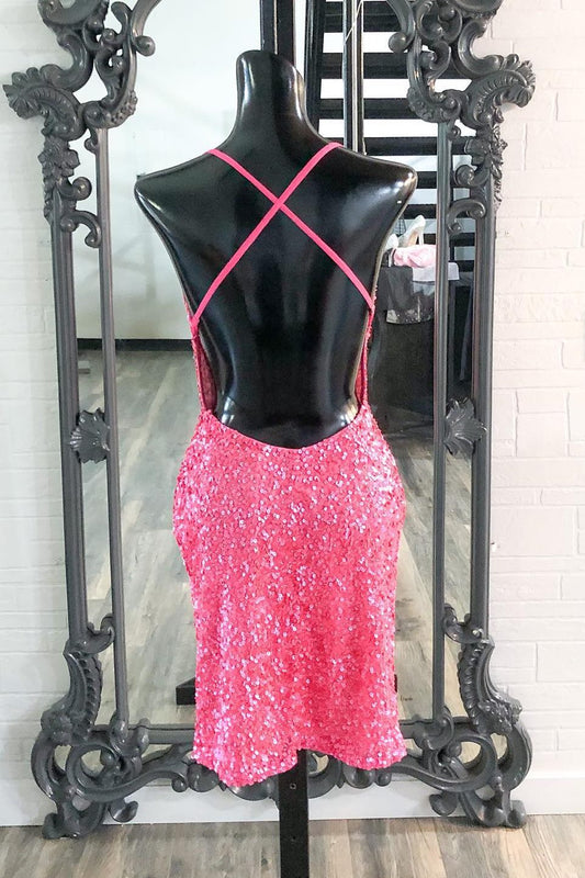 Vestido de fiesta mini estilo boydcon con lentejuelas rosa intenso