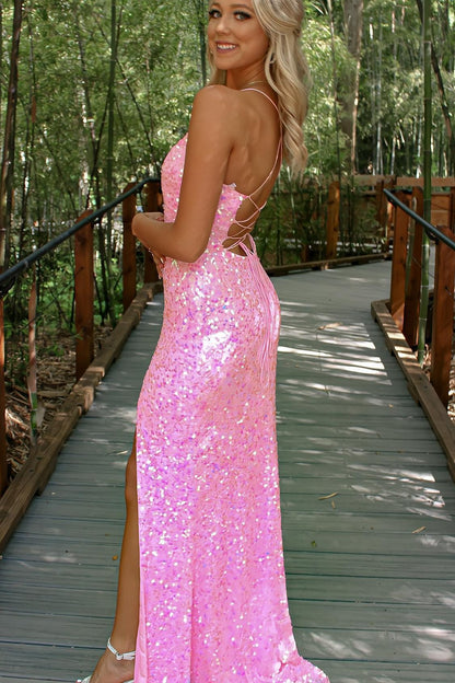 Pink Sequins Mermaid Long Prom Dress, Spaghetti Straps Evening Gown With Split GP326