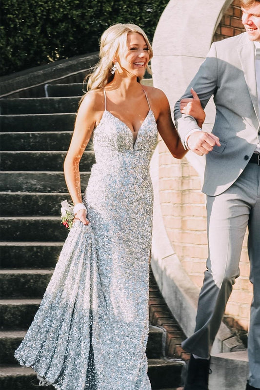 Silver Sequin Mermaid Long Prom Dresses, Backless Evening Gown GP215