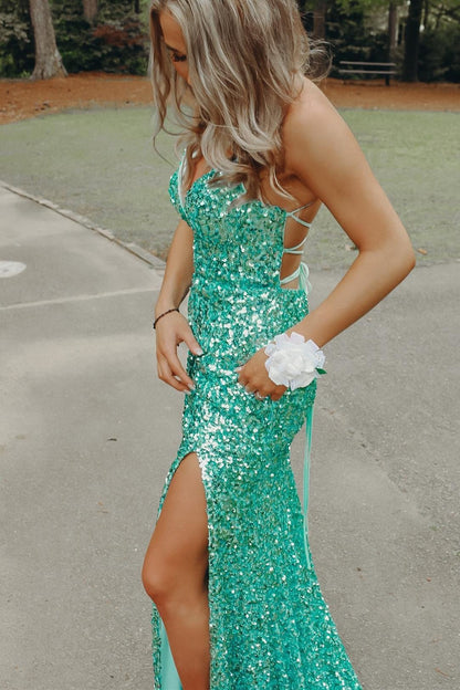 Silver Sequin Mermaid Long Prom Dresses, Backless Evening Gown GP215