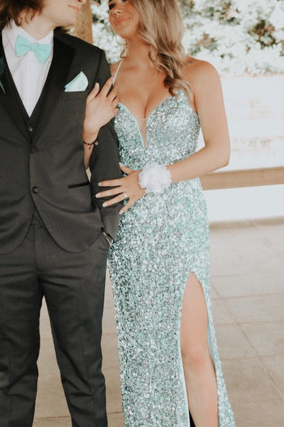 Silver Sequin Mermaid Long Prom Dresses, Backless Evening Gown GP215