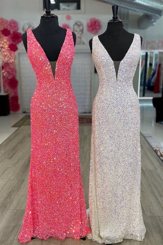 Vestido de fiesta largo de sirena con lentejuelas y cuello en V, vestidos formales