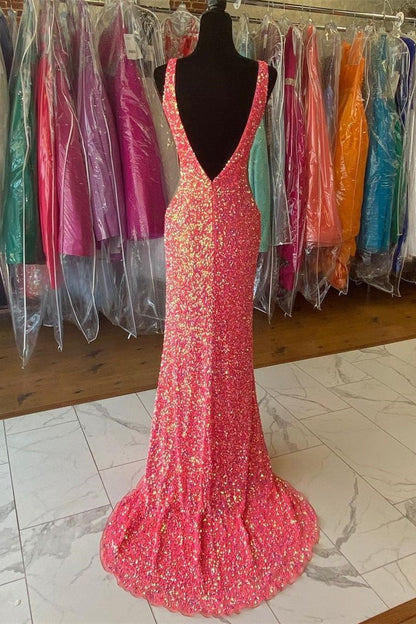 Vestido de fiesta largo de sirena con lentejuelas y cuello en V, vestidos formales