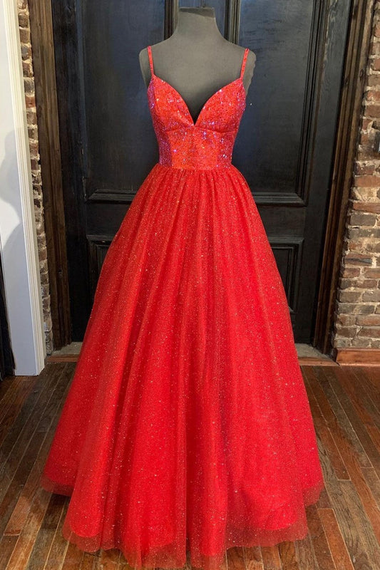 Vestido de fiesta rojo brillante con tirantes finos y corte A, vestidos de fiesta largos