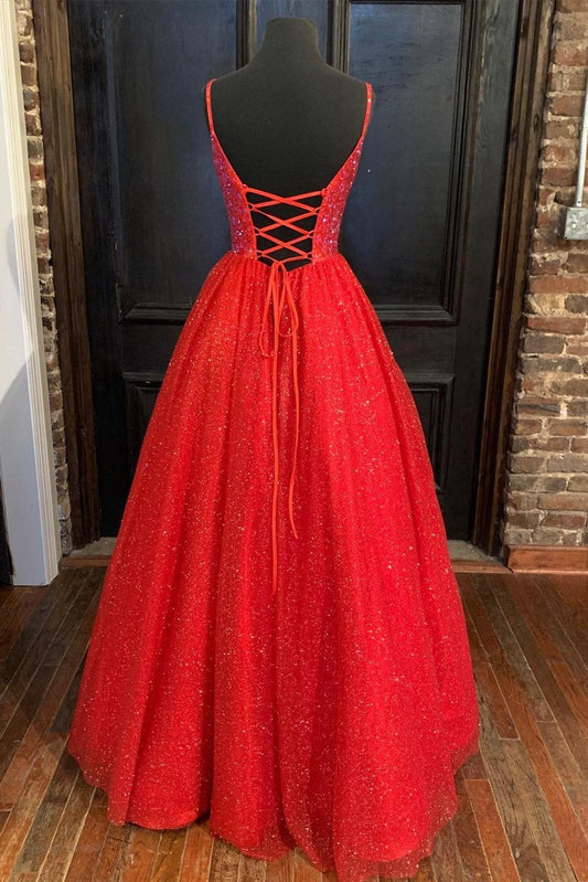Vestido de fiesta rojo brillante con tirantes finos y corte A, vestidos de fiesta largos