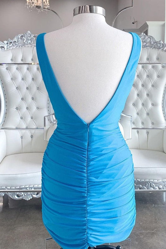 Vestido mini ajustado con escote en V azul sencillo para fiesta