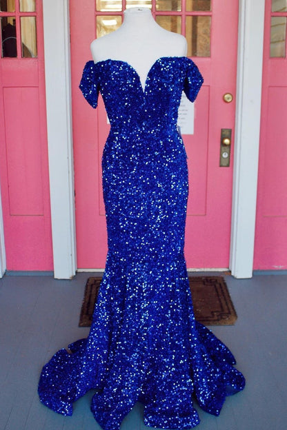 Vestido formal largo de sirena con lentejuelas azul real y hombros descubiertos, vestidos de fiesta