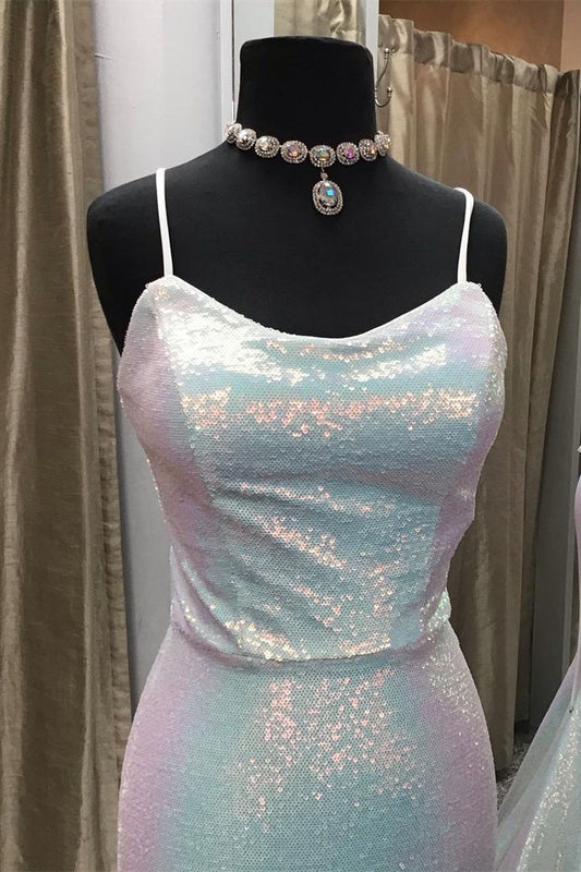 Vestidos de fiesta largos de sirena con lentejuelas y tirantes finos brillantes