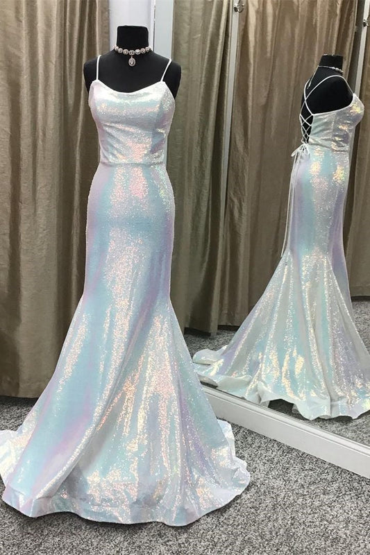 Vestidos de fiesta largos de sirena con lentejuelas y tirantes finos brillantes