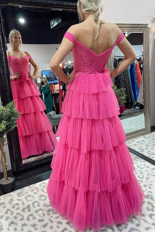 Vestido formal largo con hombros descubiertos, plisado y capas en rosa intenso