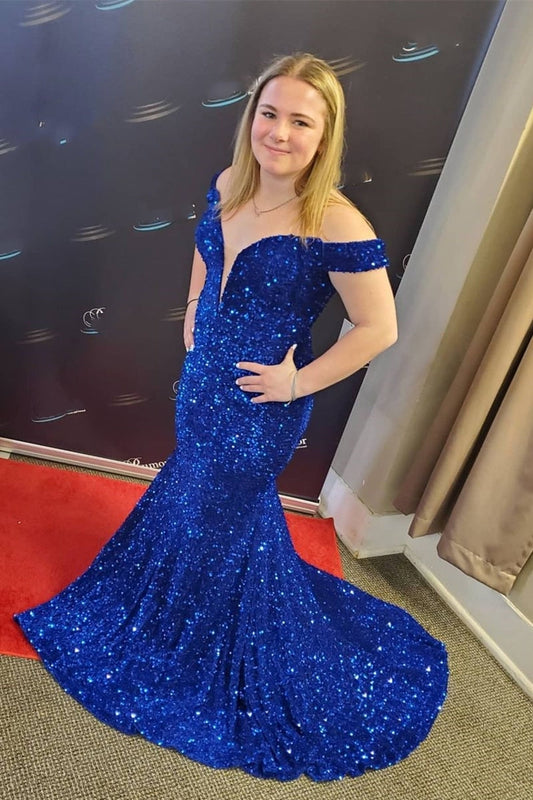 Vestidos de fiesta largos tipo sirena con lentejuelas azul real y hombros descubiertos