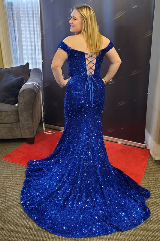 Vestidos de fiesta largos tipo sirena con lentejuelas azul real y hombros descubiertos