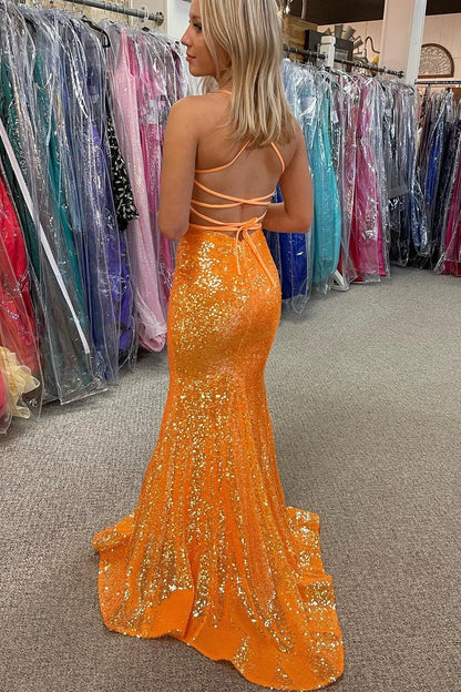 Vestido largo formal de sirena con lentejuelas naranjas brillantes y vestido de fiesta
