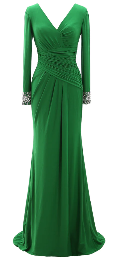 Vestidos largos de madre de la novia para mujer, vestido de noche verde gris con manga larga y cuello en V
