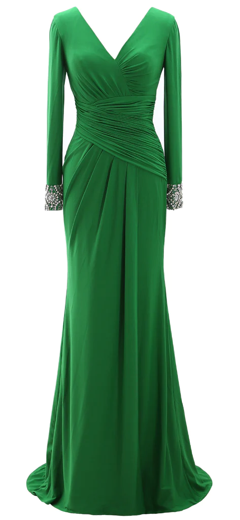 Vestidos largos de madre de la novia para mujer, vestido de noche verde gris con manga larga y cuello en V
