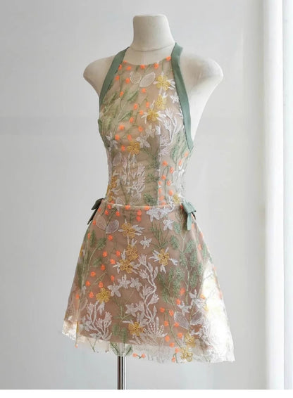Hermosos vestidos de fiesta cortos, de corte A, con cuello halter y encaje verde, para octavo grado, de verano, para escuela secundaria, DH1004