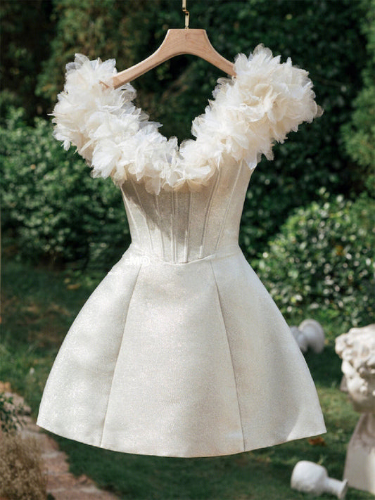 Bonito vestido corto de satén blanco con escote en V y corte A para fiesta de 8.º grado, vestido de verano para escuela secundaria, atuendos para fiesta de bienvenida, atuendo de cumpleaños DH1005