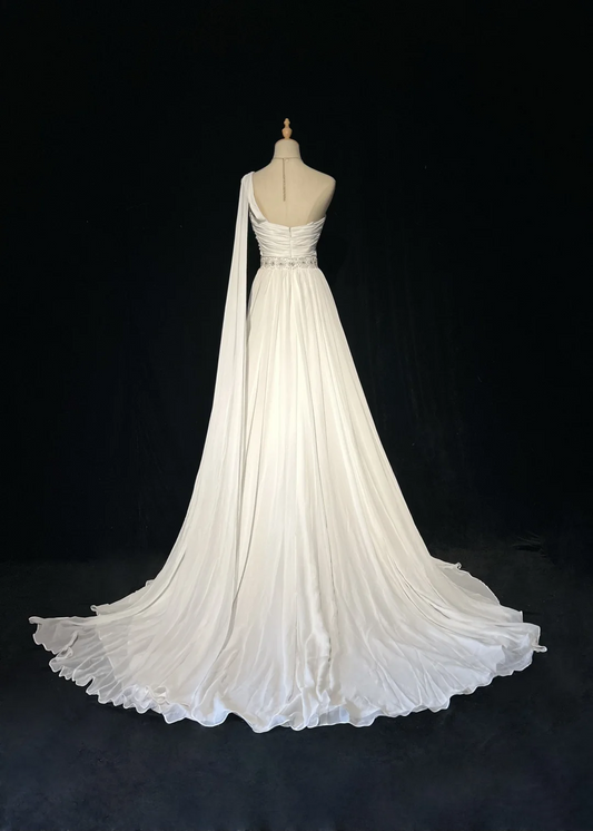 Vestido de novia vintage de los años 60, corte A, un hombro, sin mangas, de gasa plisada, con cuentas, largo blanco, elegante, DH1013