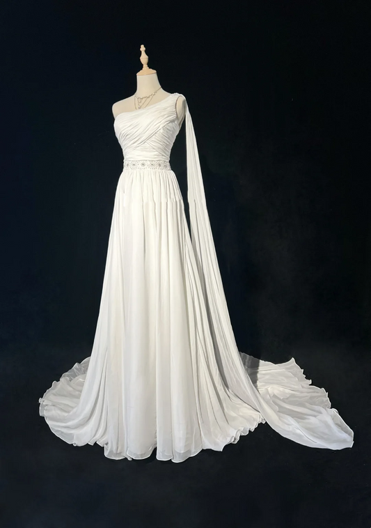 Vestido de novia vintage de los años 60, corte A, un hombro, sin mangas, de gasa plisada, con cuentas, largo blanco, elegante, DH1013