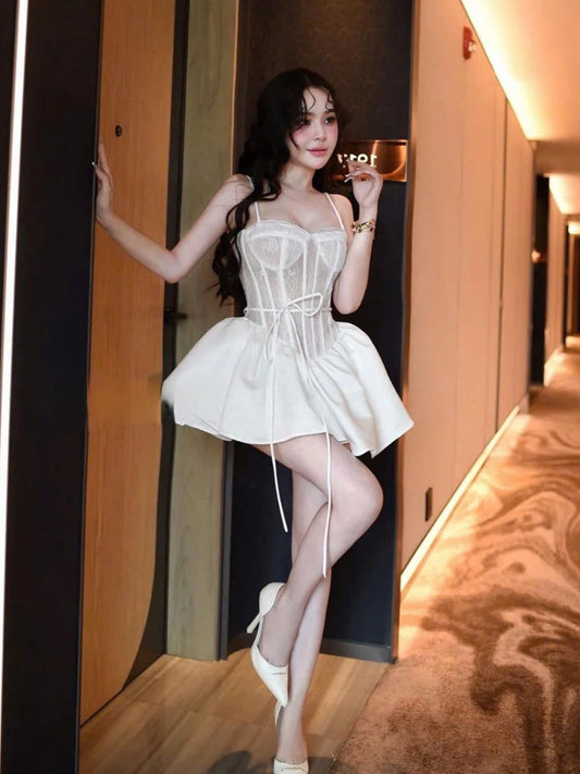 Cute A line Spaghetti Straps White Satin Mini Short Formal 8th Grade Homecoming Dresses Summer Middle School Hoco Dress Homecoming Outfits DH1018