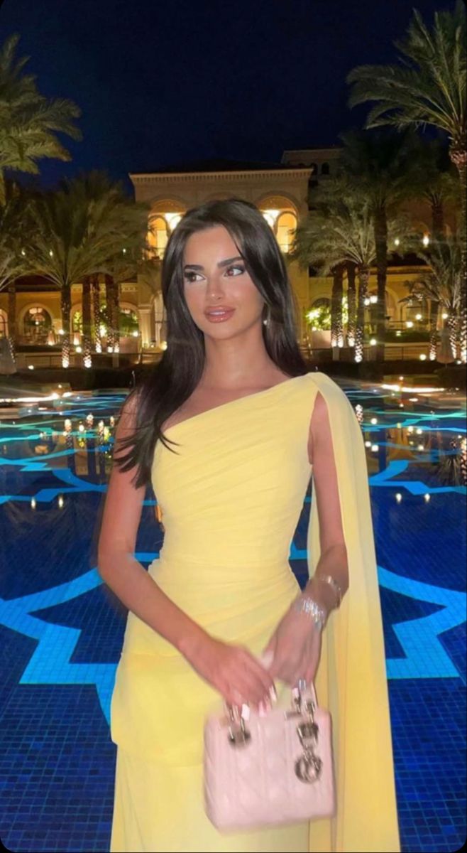 Elegante vestido de fiesta largo de gasa amarilla con un solo hombro y corte en A para verano, ideal para cumpleaños número 22 y cumpleaños número 21, DH1027