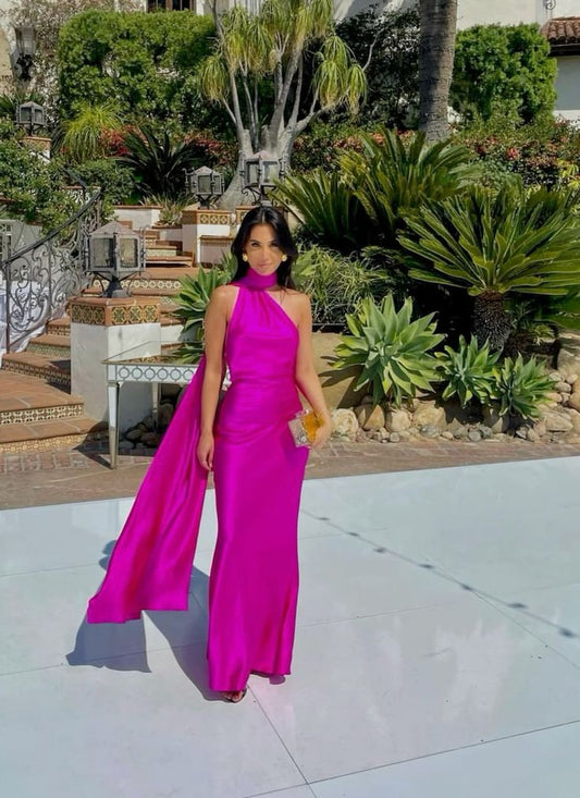 Elegante vestido de fiesta largo rosa intenso con cuello alto, para fiesta de verano, para 22 cumpleaños, DH1029