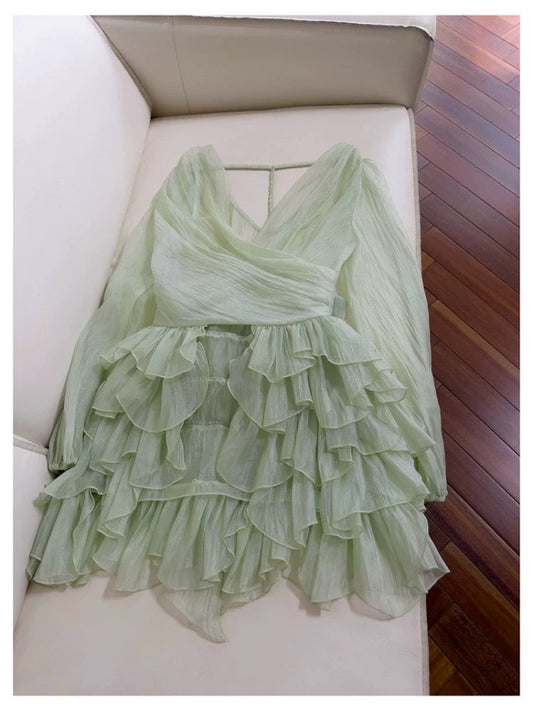 Lindos vestidos de fiesta de gasa verde menta con tirantes finos y corte en A para octavo grado, vestido de verano para escuela secundaria, atuendos para fiesta de bienvenida DH102