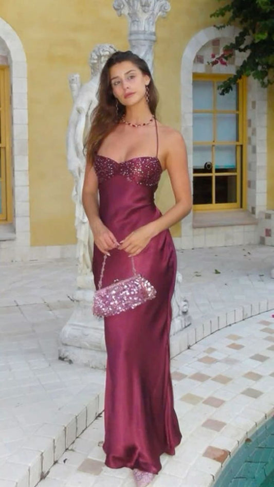 Vestido de fiesta largo vintage con cuello halter y satén burdeos, para fiesta de verano, para 22 cumpleaños, DH1030