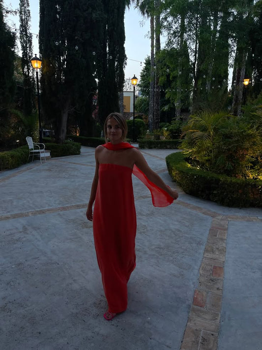 Elegante vestido de fiesta largo de gasa roja sin tirantes, corte A, para verano, para 20 cumpleaños y 18 años, DH1031