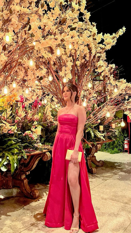 Elegante vestido de fiesta largo de satén rosa intenso sin tirantes, corte A, para verano, para 20 cumpleaños y 18 años, DH1033