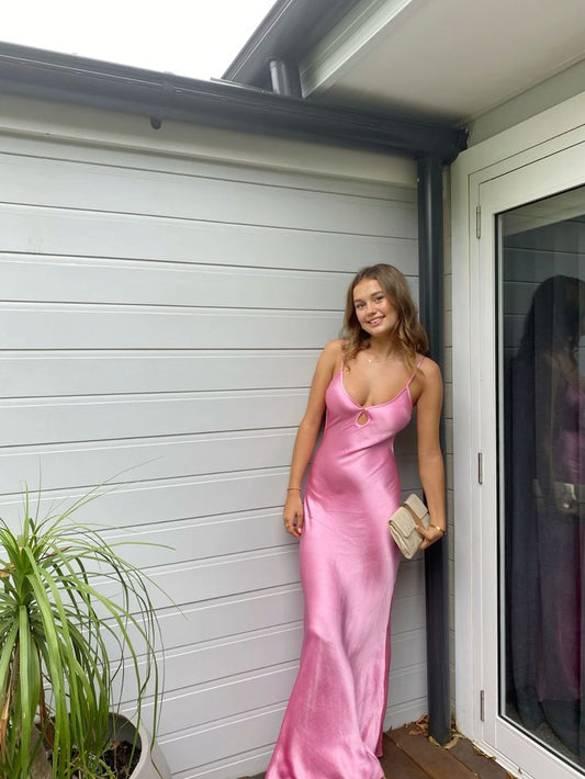 Vestido de fiesta largo de satén rosa con tirantes finos estilo sirena vintage, para verano, para 22.º cumpleaños, DH1035