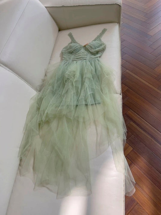 Vestidos de fiesta de tul verde menta con tirantes finos, corte A, para octavo grado, de verano, para escuela secundaria, DH103