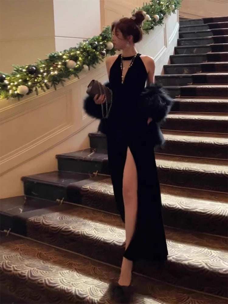 Elegante vestido de fiesta largo de terciopelo negro con escote redondo y corte sirena, ideal para celebrar el 22.º cumpleaños de verano o el 18.º cumpleaños, DH1042