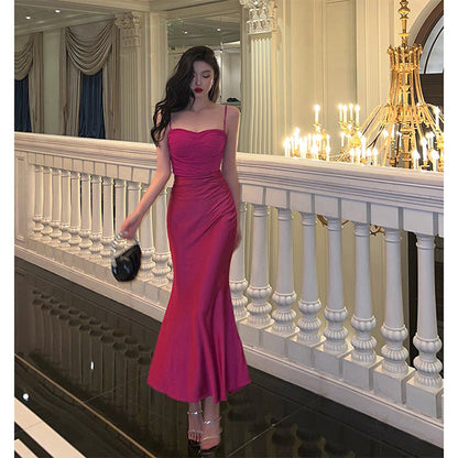 Elegante vestido de fiesta largo de sirena con tirantes finos en rosa intenso, vestido de fiesta de verano para 22 cumpleaños, vestidos para 18 cumpleaños DH1046