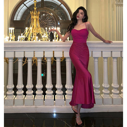 Elegante vestido de fiesta largo de sirena con tirantes finos en rosa intenso, vestido de fiesta de verano para 22 cumpleaños, vestidos para 18 cumpleaños DH1046