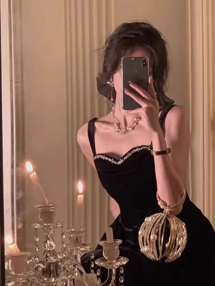 Elegante vestido de fiesta de terciopelo negro con tirantes finos y corte en A, ideal para cumpleaños número 22 y cumpleaños número 18, DH1047