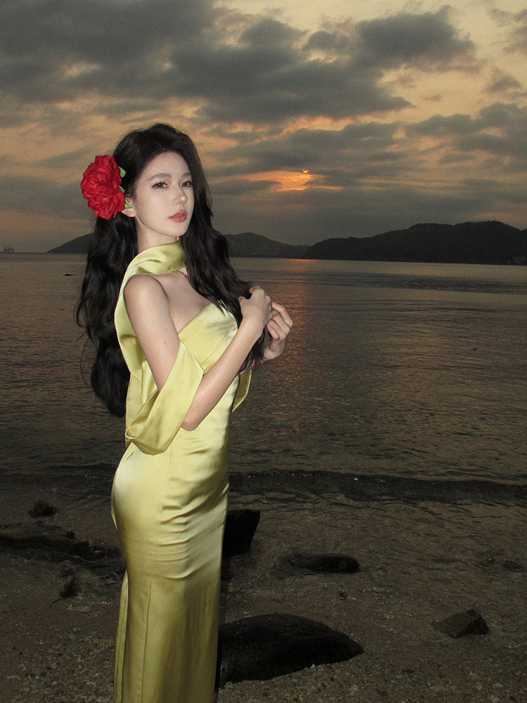 Elegante vestido de fiesta de satén amarillo con hombros descubiertos y corte sirena para verano, ideal para cumpleaños número 22 y cumpleaños número 18, DH1048