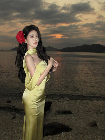 Elegante vestido de fiesta de satén amarillo con hombros descubiertos y corte sirena para verano, ideal para cumpleaños número 22 y cumpleaños número 18, DH1048