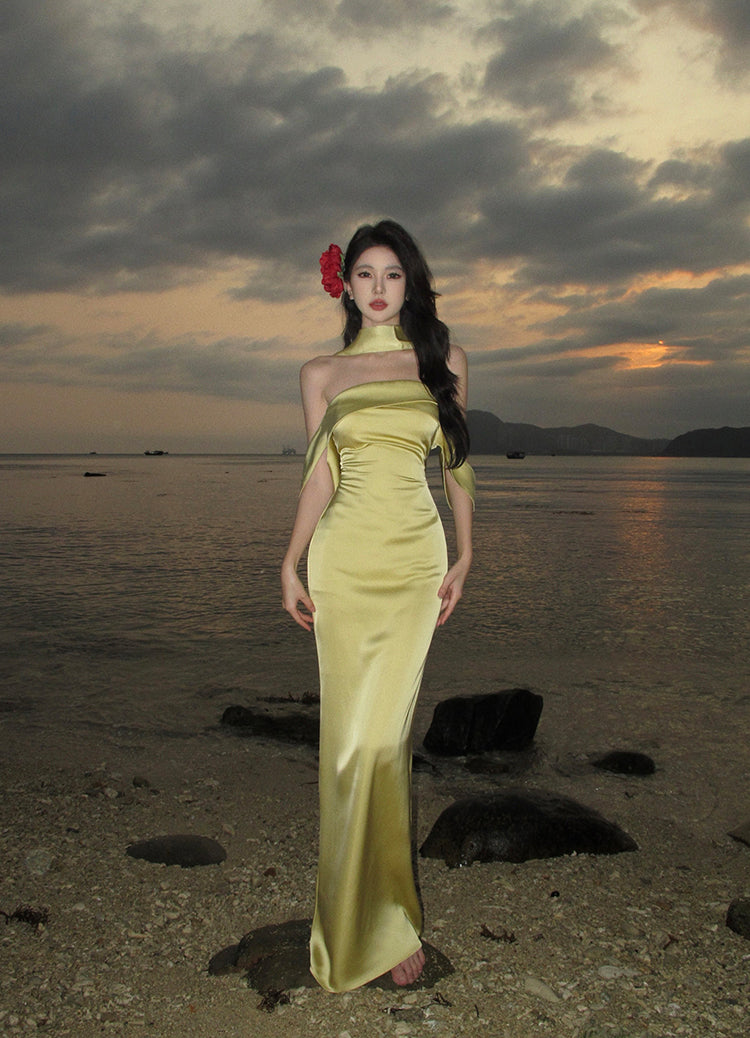 Elegante vestido de fiesta de satén amarillo con hombros descubiertos y corte sirena para verano, ideal para cumpleaños número 22 y cumpleaños número 18, DH1048